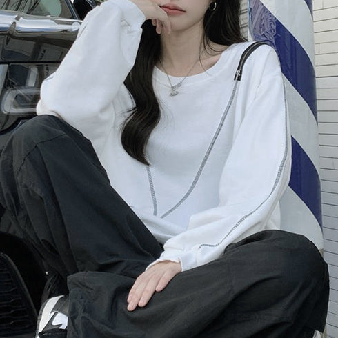 ロングtシャツ カットソー 春秋冬 無地 レディース トップス 体型カバー ファスナー付き 肌見せ ゆったり スウェット オルチャン ラウンドネック トレーナー 77XIAOHD-009