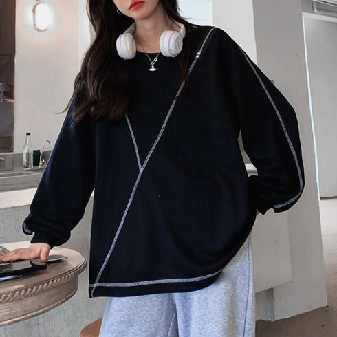 ロングtシャツ カットソー 春秋冬 無地 レディース トップス 体型カバー ファスナー付き 肌見せ ゆったり スウェット オルチャン ラウンドネック トレーナー 77XIAOHD-009