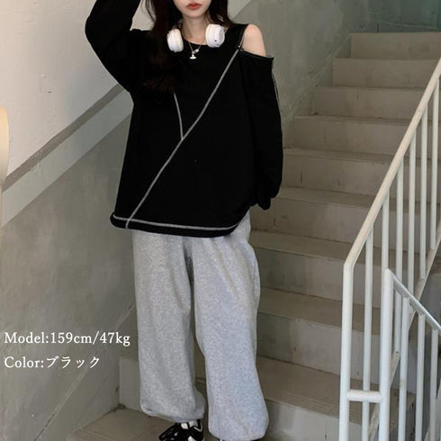 ロングtシャツ カットソー 春秋冬 無地 レディース トップス 体型カバー ファスナー付き 肌見せ ゆったり スウェット オルチャン ラウンドネック トレーナー 77XIAOHD-009