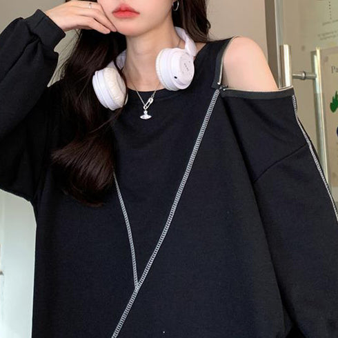 ロングtシャツ カットソー 春秋冬 無地 レディース トップス 体型カバー ファスナー付き 肌見せ ゆったり スウェット オルチャン ラウンドネック トレーナー 77XIAOHD-009
