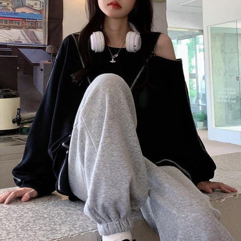 ロングtシャツ カットソー 春秋冬 無地 レディース トップス 体型カバー ファスナー付き 肌見せ ゆったり スウェット オルチャン ラウンドネック トレーナー 77XIAOHD-009