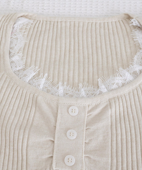 ニットトップス レースネック 長袖 秋冬 リブニット フェミニン 重ね着インナー 大人可愛い ニットカットソー 細見え Uネック 韓国風 無地ニットウェア 着回し 77XIAOHD-010