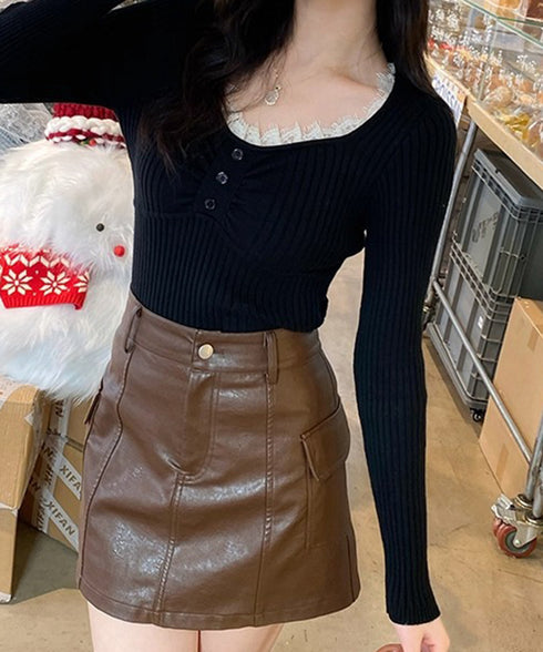 ニットトップス レースネック 長袖 秋冬 リブニット フェミニン 重ね着インナー 大人可愛い ニットカットソー 細見え Uネック 韓国風 無地ニットウェア 着回し 77XIAOHD-010