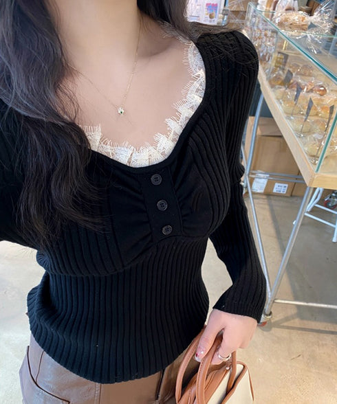 ニットトップス レースネック 長袖 秋冬 リブニット フェミニン 重ね着インナー 大人可愛い ニットカットソー 細見え Uネック 韓国風 無地ニットウェア 着回し 77XIAOHD-010