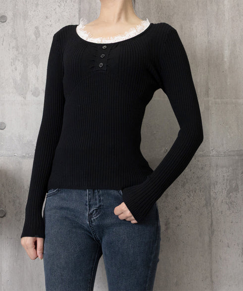 ニットトップス レースネック 長袖 秋冬 リブニット フェミニン 重ね着インナー 大人可愛い ニットカットソー 細見え Uネック 韓国風 無地ニットウェア 着回し 77XIAOHD-010