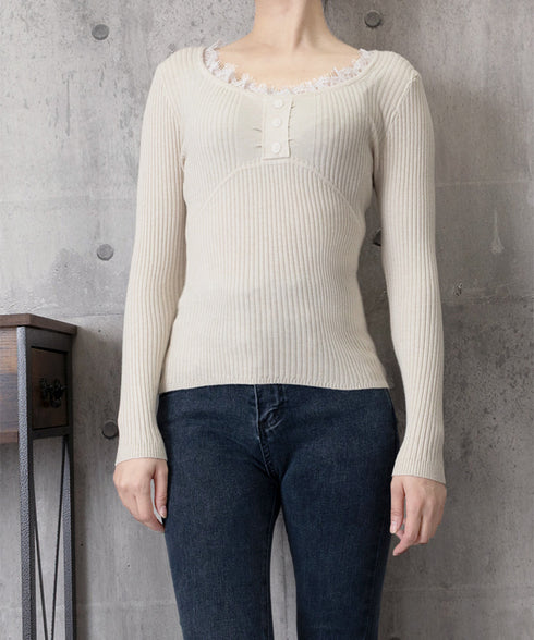 ニットトップス レースネック 長袖 秋冬 リブニット フェミニン 重ね着インナー 大人可愛い ニットカットソー 細見え Uネック 韓国風 無地ニットウェア 着回し 77XIAOHD-010