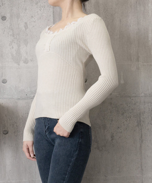 ニットトップス レースネック 長袖 秋冬 リブニット フェミニン 重ね着インナー 大人可愛い ニットカットソー 細見え Uネック 韓国風 無地ニットウェア 着回し 77XIAOHD-010