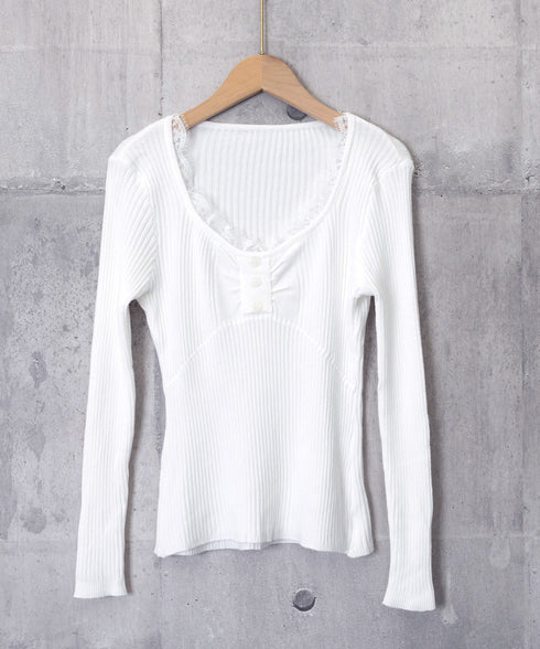 ニットトップス レースネック 長袖 秋冬 リブニット フェミニン 重ね着インナー 大人可愛い ニットカットソー 細見え Uネック 韓国風 無地ニットウェア 着回し 77XIAOHD-010