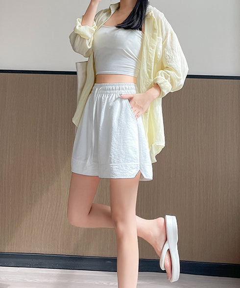 ショートパンツ ウエストゴム レディース 短パン ハイウエスト 韓国風夏服 Aラインボトムス ポケット付き 大人カジュアル 半ズボン 楽ちん ゆったりハーフパンツ 77YIDUN-001