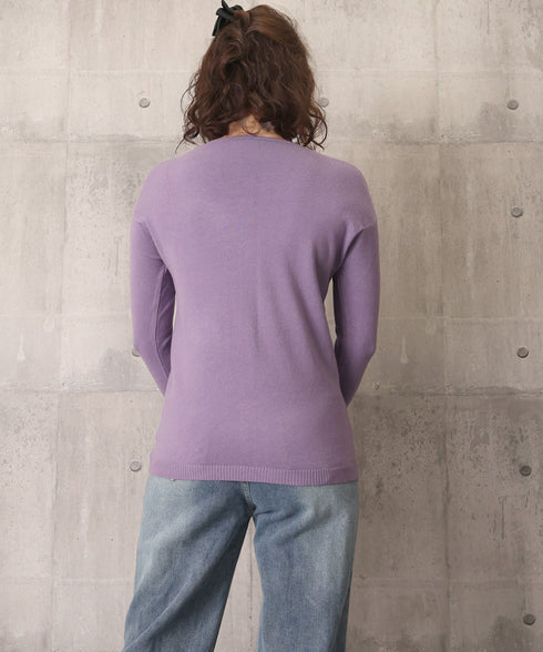 ニットTシャツ Vネック プルオーバー レディース 長袖カットソー 薄手ニットソー 無地 きれいめ 着回しニット シンプル 韓国ファッション 通勤通学 重ね着 77YILUO-001