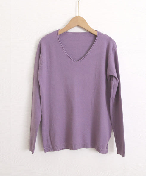ニットTシャツ Vネック プルオーバー レディース 長袖カットソー 薄手ニットソー 無地 きれいめ 着回しニット シンプル 韓国ファッション 通勤通学 重ね着 77YILUO-001
