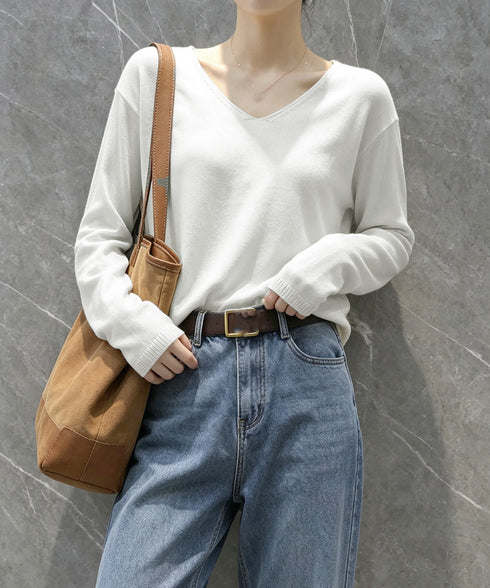 ニットTシャツ Vネック プルオーバー レディース 長袖カットソー 薄手ニットソー 無地 きれいめ 着回しニット シンプル 韓国ファッション 通勤通学 重ね着 77YILUO-001