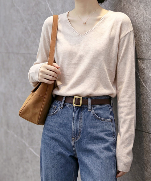 ニットTシャツ Vネック プルオーバー レディース 長袖カットソー 薄手ニットソー 無地 きれいめ 着回しニット シンプル 韓国ファッション 通勤通学 重ね着 77YILUO-001
