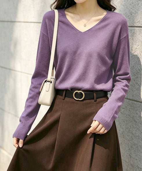 ニットTシャツ Vネック プルオーバー レディース 長袖カットソー 薄手ニットソー 無地 きれいめ 着回しニット シンプル 韓国ファッション 通勤通学 重ね着 77YILUO-001