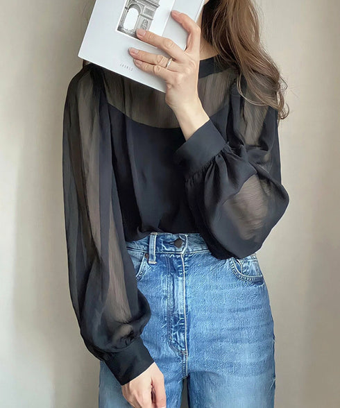 ブラウス ゆったり 長袖トップス 透け感 シアーブラウス レディース フェミニン 通勤OL 大人可愛い シフォンブラウス 体型カバー ラウンドネック 軽やか 無地 77YLMEI-001