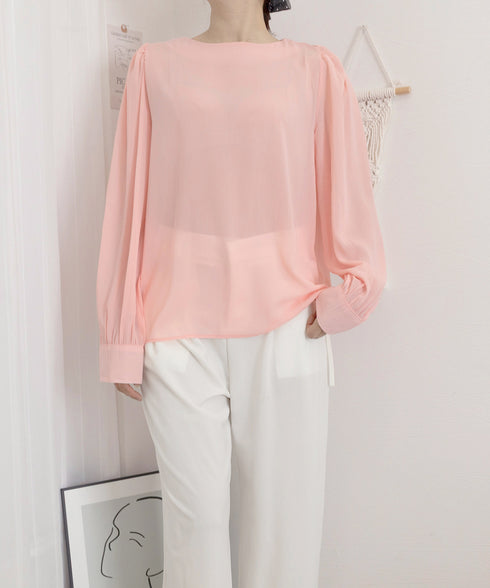 ブラウス ゆったり 長袖トップス 透け感 シアーブラウス レディース フェミニン 通勤OL 大人可愛い シフォンブラウス 体型カバー ラウンドネック 軽やか 無地 77YLMEI-001