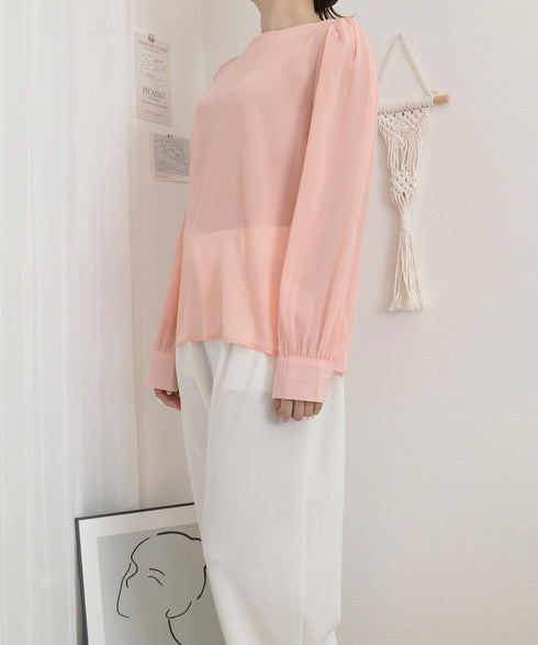 ブラウス ゆったり 長袖トップス 透け感 シアーブラウス レディース フェミニン 通勤OL 大人可愛い シフォンブラウス 体型カバー ラウンドネック 軽やか 無地 77YLMEI-001