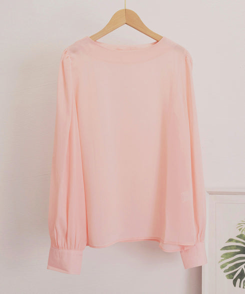 ブラウス ゆったり 長袖トップス 透け感 シアーブラウス レディース フェミニン 通勤OL 大人可愛い シフォンブラウス 体型カバー ラウンドネック 軽やか 無地 77YLMEI-001