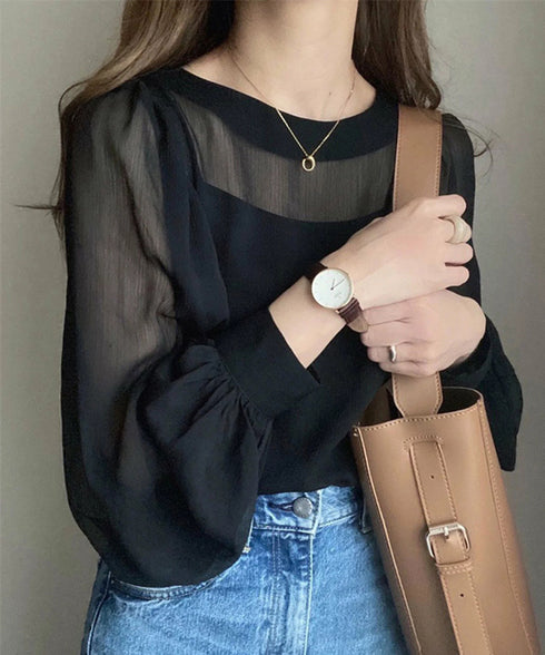 ブラウス ゆったり 長袖トップス 透け感 シアーブラウス レディース フェミニン 通勤OL 大人可愛い シフォンブラウス 体型カバー ラウンドネック 軽やか 無地 77YLMEI-001