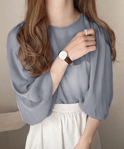 ブラウス ゆったり 長袖トップス 透け感 シアーブラウス レディース フェミニン 通勤OL 大人可愛い シフォンブラウス 体型カバー ラウンドネック 軽やか 無地 77YLMEI-001