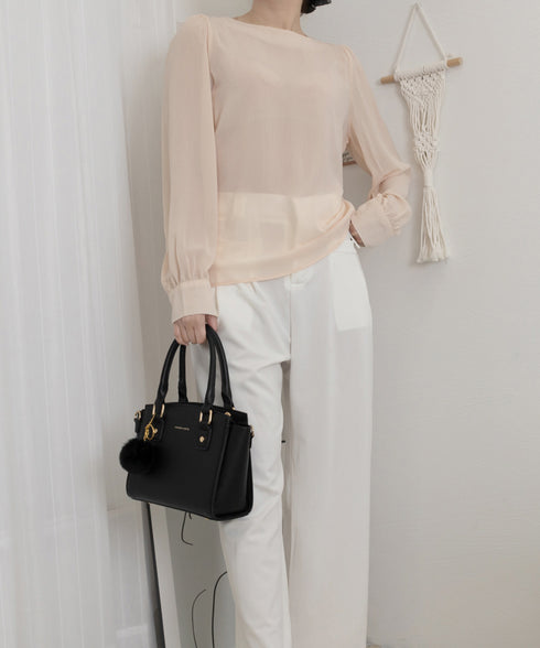 ブラウス ゆったり 長袖トップス 透け感 シアーブラウス レディース フェミニン 通勤OL 大人可愛い シフォンブラウス 体型カバー ラウンドネック 軽やか 無地 77YLMEI-001