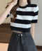 サマーニット ボーダー柄 半袖ニットソー ショート丈ニットトップス へそ出し レディーストップス クルーネック ニットTシャツクロップド 配色ライン カジュアル 77YOUYIH-001