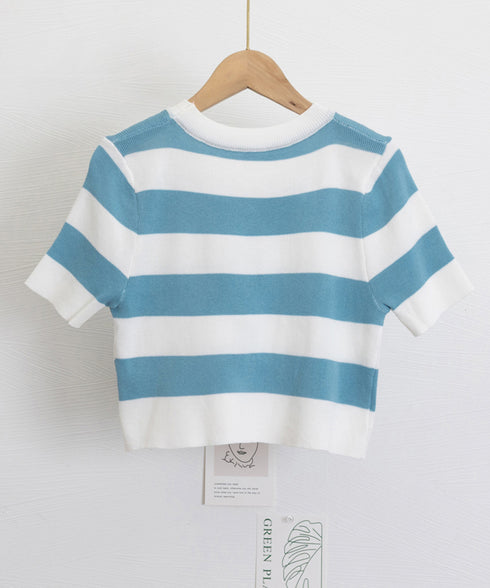 サマーニット ボーダー柄 半袖ニットソー ショート丈ニットトップス へそ出し レディーストップス クルーネック ニットTシャツクロップド 配色ライン カジュアル 77YOUYIH-001