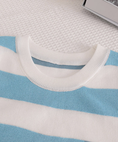 サマーニット ボーダー柄 半袖ニットソー ショート丈ニットトップス へそ出し レディーストップス クルーネック ニットTシャツクロップド 配色ライン カジュアル 77YOUYIH-001