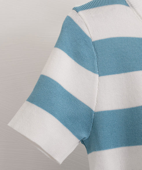 サマーニット ボーダー柄 半袖ニットソー ショート丈ニットトップス へそ出し レディーストップス クルーネック ニットTシャツクロップド 配色ライン カジュアル 77YOUYIH-001