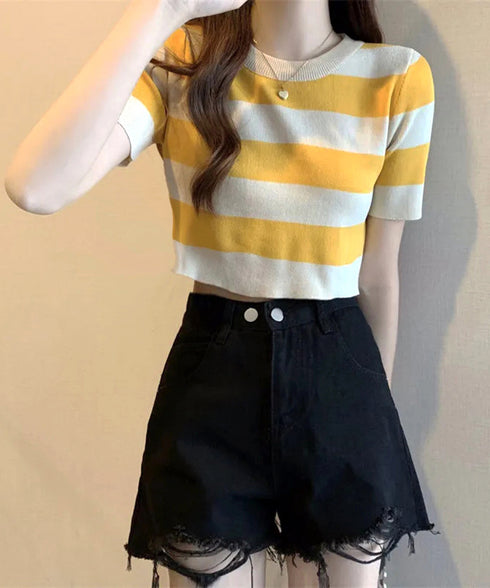 サマーニット ボーダー柄 半袖ニットソー ショート丈ニットトップス へそ出し レディーストップス クルーネック ニットTシャツクロップド 配色ライン カジュアル 77YOUYIH-001