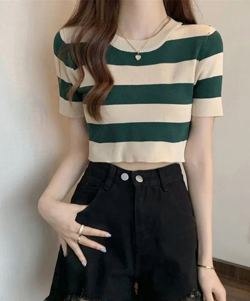 サマーニット ボーダー柄 半袖ニットソー ショート丈ニットトップス へそ出し レディーストップス クルーネック ニットTシャツクロップド 配色ライン カジュアル 77YOUYIH-001