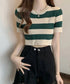 サマーニット ボーダー柄 半袖ニットソー ショート丈ニットトップス へそ出し レディーストップス クルーネック ニットTシャツクロップド 配色ライン カジュアル 77YOUYIH-001