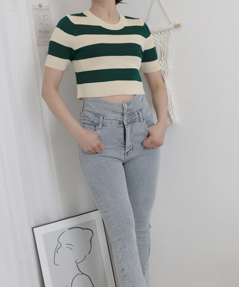 サマーニット ボーダー柄 半袖ニットソー ショート丈ニットトップス へそ出し レディーストップス クルーネック ニットTシャツクロップド 配色ライン カジュアル 77YOUYIH-001