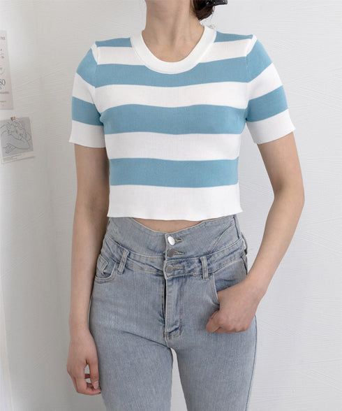 サマーニット ボーダー柄 半袖ニットソー ショート丈ニットトップス へそ出し レディーストップス クルーネック ニットTシャツクロップド 配色ライン カジュアル 77YOUYIH-001
