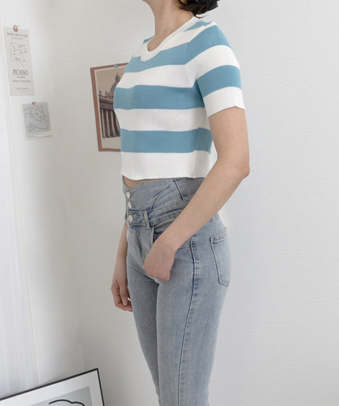 サマーニット ボーダー柄 半袖ニットソー ショート丈ニットトップス へそ出し レディーストップス クルーネック ニットTシャツクロップド 配色ライン カジュアル 77YOUYIH-001