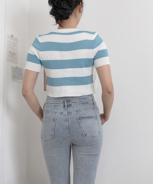 サマーニット ボーダー柄 半袖ニットソー ショート丈ニットトップス へそ出し レディーストップス クルーネック ニットTシャツクロップド 配色ライン カジュアル 77YOUYIH-001