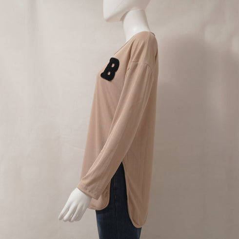 カットソー スリット入り ロゴTシャツ 春秋冬 トップス 前後差 長袖 ロングTシャツ ラウンドネック プルオーバー ゆったり 体型カバー 通勤通学 お洒落 77YPH-002
