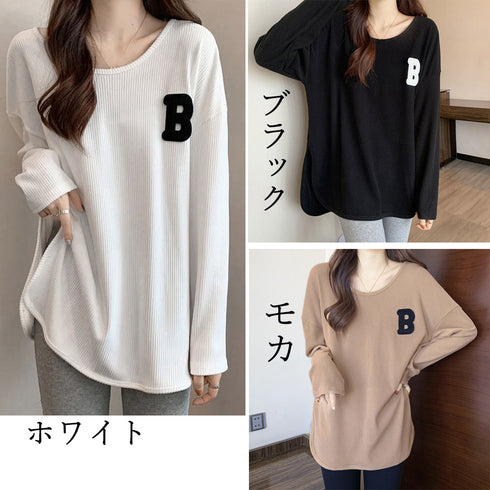 カットソー スリット入り ロゴTシャツ 春秋冬 トップス 前後差 長袖 ロングTシャツ ラウンドネック プルオーバー ゆったり 体型カバー 通勤通学 お洒落 77YPH-002