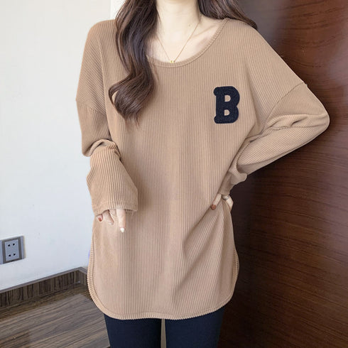 カットソー スリット入り ロゴTシャツ 春秋冬 トップス 前後差 長袖 ロングTシャツ ラウンドネック プルオーバー ゆったり 体型カバー 通勤通学 お洒落 77YPH-002