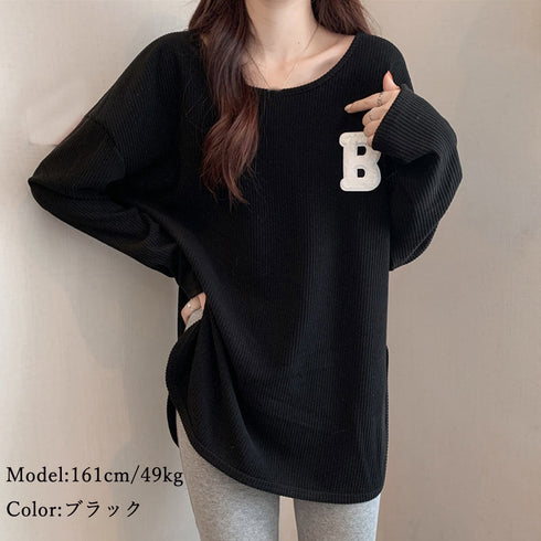 カットソー スリット入り ロゴTシャツ 春秋冬 トップス 前後差 長袖 ロングTシャツ ラウンドネック プルオーバー ゆったり 体型カバー 通勤通学 お洒落 77YPH-002
