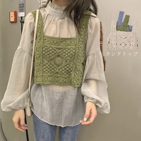 タンクトップ スクエアネック ビスチェ ニットトップス 大人可愛い 透かし編み ニットキャミソール 重ね着 セクシー 77YUCH-002