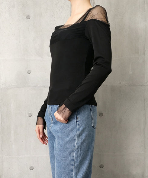 カットソー スクエアネック 長袖Tシャツ レディース シアー切り替えトップス シアーメッシュ プルオーバー きれいめ 細見え 韓国ファッション 無地tシャツ 春秋 77YYKA-001