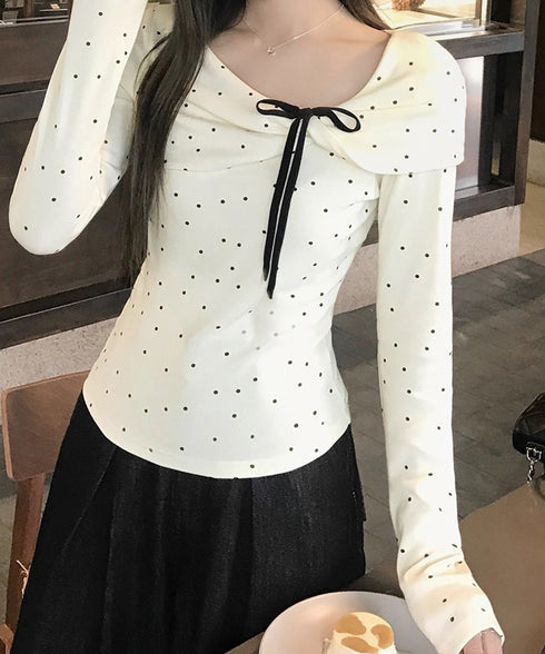 カットソー ドット柄 長袖トップス 春秋 リボン レディース 水玉柄Tシャツ アシンメトリーネック 韓国風 プルオーバー 通勤通学 大人可愛い tシャツ 肩出し服 77YYKA-002