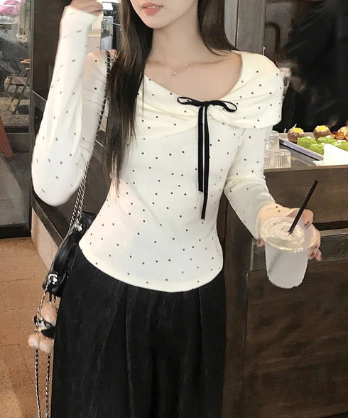 カットソー ドット柄 長袖トップス 春秋 リボン レディース 水玉柄Tシャツ アシンメトリーネック 韓国風 プルオーバー 通勤通学 大人可愛い tシャツ 肩出し服 77YYKA-002
