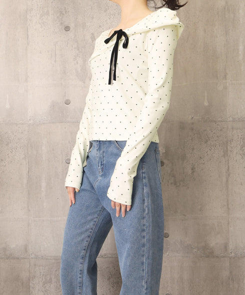 カットソー ドット柄 長袖トップス 春秋 リボン レディース 水玉柄Tシャツ アシンメトリーネック 韓国風 プルオーバー 通勤通学 大人可愛い tシャツ 肩出し服 77YYKA-002