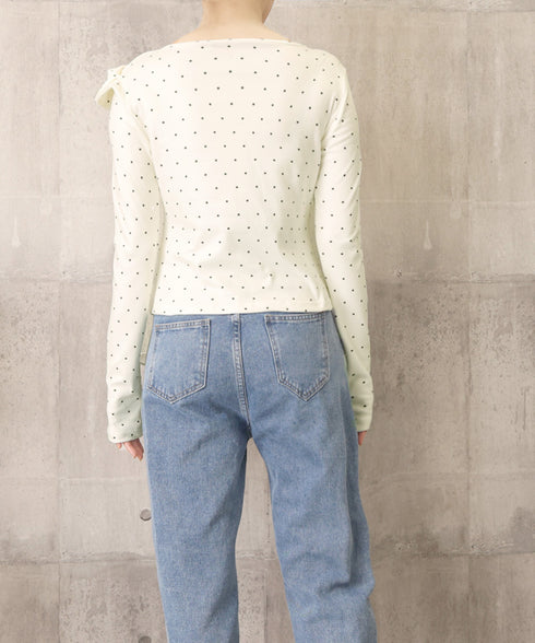カットソー ドット柄 長袖トップス 春秋 リボン レディース 水玉柄Tシャツ アシンメトリーネック 韓国風 プルオーバー 通勤通学 大人可愛い tシャツ 肩出し服 77YYKA-002