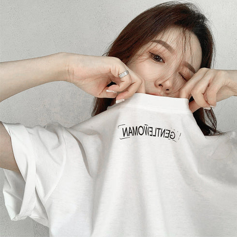英字ロゴ 半袖Tシャツ ロングT 着やせ トップス カットソー カジュアル 体型カバー 春夏 オルチャン プリントTシャツ ラウンドネック 77YYUAN-002