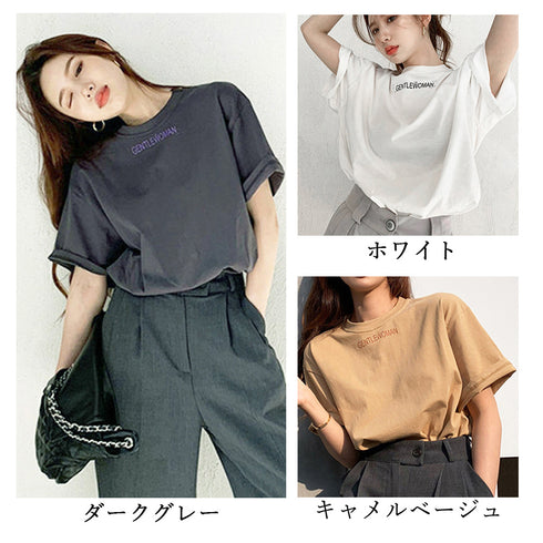 英字ロゴ 半袖Tシャツ ロングT 着やせ トップス カットソー カジュアル 体型カバー 春夏 オルチャン プリントTシャツ ラウンドネック 77YYUAN-002