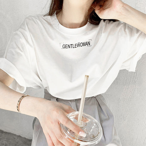 英字ロゴ 半袖Tシャツ ロングT 着やせ トップス カットソー カジュアル 体型カバー 春夏 オルチャン プリントTシャツ ラウンドネック 77YYUAN-002
