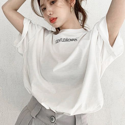 英字ロゴ 半袖Tシャツ ロングT 着やせ トップス カットソー カジュアル 体型カバー 春夏 オルチャン プリントTシャツ ラウンドネック 77YYUAN-002